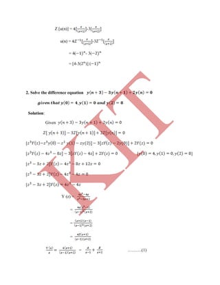 Z [u(n)] = -3[
u(n) = -3 [
= 4( - 3(
= [4-3( )] (
2. Solve the difference equation
Solution:
Given
[
[ [ ]
[
[
[
Y (z) =
=
=
=
= ……….(1)
K
IT
 