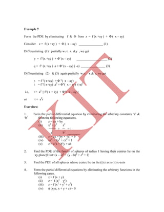 Example 7
Form the PDE by eliminating f & Φ from z = f (x +ay ) + Φ ( x – ay)
Consider z = f (x +ay ) + Φ ( x – ay) _______________ (1)
Differentiating (1) partially w.r.t x &y , we get
p = f '(x +ay ) + Φ' (x – ay) ___________________ (2)
q = f ' (x +ay ) .a + Φ' (x – ay) ( -a) _______________ (3)
Differentiating (2) & (3) again partially w.r.t x & y, we get
r = f "( x+ay) + Φ "( x – ay)
t = f "( x+ay) .a2
+ Φ"( x – ay) (-a)2
i.e, t = a2
{ f"( x + ay) + Φ"( x – ay)}
or t = a2
r
Exercises:
1. Form the partial differential equation by eliminating the arbitrary constants „a‟ &
„b‟ from the following equations.
(i) z = ax + by
(ii) x2
+ y2
z2
+ = 1
a2
b2
(iii) z = ax + by + a2
+ b2
(iv) ax2
+ by2
+ cz2
= 1
(v) z = a2
x + b2
y + ab
3. Find the PDE of all spheres whose centre lie on the (i) z axis (ii) x-axis
4. Form the partial differential equations by eliminating the arbitrary functions in the
following cases.
(i) z = f (x + y)
(ii) z = f (x2
– y2
)
(iii) z = f (x2
+ y2
+ z2
)
(iv)  (xyz, x + y + z) = 0
2. Find the PDE of the family of spheres of radius 1 having their centres lie on the
xy plane{Hint: (x – a)2
+ (y – b)2
+ z2
= 1}
K
IT
 