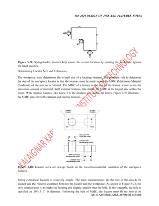 ME 2029 DESIGN OF JIGS AND FIXTURES NOTES
Mr. K. SATHISHKUMAR, AP/MECH, KIT-CBE.
Figure 3-19. Spring-loaded locators help ensure the correct location by pushing the workpiece against
the fixed locators.
Determining Locator Size and Tolerances
The workpiece itself determines the overall size of a locating element. The principle rule to determine
the size of the workpiece locator is that the locators must be made to suit the MMC (Maximum-Material
Condition) of the area to be located. The MMC of a feature is the size of the feature where is has the
maximum amount of material. With external features, like shafts, the MMC is the largest size within the
limits. With internal features, like holes, it is the smallest size within the limits. Figure 3-20 illustrates
the MMC sizes for both external and internal features.
Figure 3-20. Locator sizes are always based on the maximum-material condition of the workpiece
features.
Sizing cylindrical locators is relatively simple. The main considerations are the size of the area to be
located and the required clearance between the locator and the workpiece. As shown in Figure 3-21, the
only consideration is to make the locating pin slightly smaller than the hole. In this example, the hole is
specified as .500-.510" in diameter. Following the rule of MMC, the locator must fit the hole at its
 