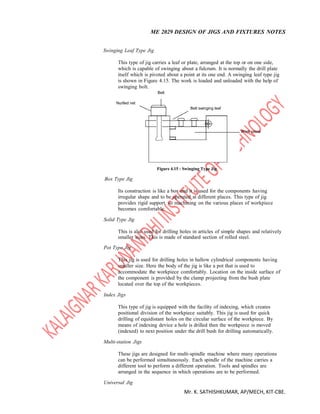 ME 2029 DESIGN OF JIGS AND FIXTURES NOTES
Mr. K. SATHISHKUMAR, AP/MECH, KIT-CBE.
Swinging Leaf Type Jig
This type of jig carries a leaf or plate, arranged at the top or on one side,
which is capable of swinging about a fulcrum. It is normally the drill plate
itself which is pivoted about a point at its one end. A swinging leaf type jig
is shown in Figure 4.15. The work is loaded and unloaded with the help of
swinging bolt.
Belt
Nurlled net
Belt swinging leaf
Work piece
Box Type Jig
Figure 4.15 : Swinging Type Jig
Its construction is like a box and it is used for the components having
irregular shape and to be operated at different places. This type of jig
provides rigid support, so machining on the various places of workpiece
becomes comfortable.
Solid Type Jig
This is also used for drilling holes in articles of simple shapes and relatively
smaller sizes. This is made of standard section of rolled steel.
Pot Type Jig
This jig is used for drilling holes in hallow cylindrical components having
smaller size. Here the body of the jig is like a pot that is used to
accommodate the workpiece comfortably. Location on the inside surface of
the component is provided by the clamp projecting from the bush plate
located over the top of the workpieces.
Index Jigs
This type of jig is equipped with the facility of indexing, which creates
positional division of the workpiece suitably. This jig is used for quick
drilling of equidistant holes on the circular surface of the workpiece. By
means of indexing device a hole is drilled then the workpiece is moved
(indexed) to next position under the drill bush for drilling automatically.
Multi-station Jigs
These jigs are designed for multi-spindle machine where many operations
can be performed simultaneously. Each spindle of the machine carries a
different tool to perform a different operation. Tools and spindles are
arranged in the sequence in which operations are to be performed.
Universal Jig
 