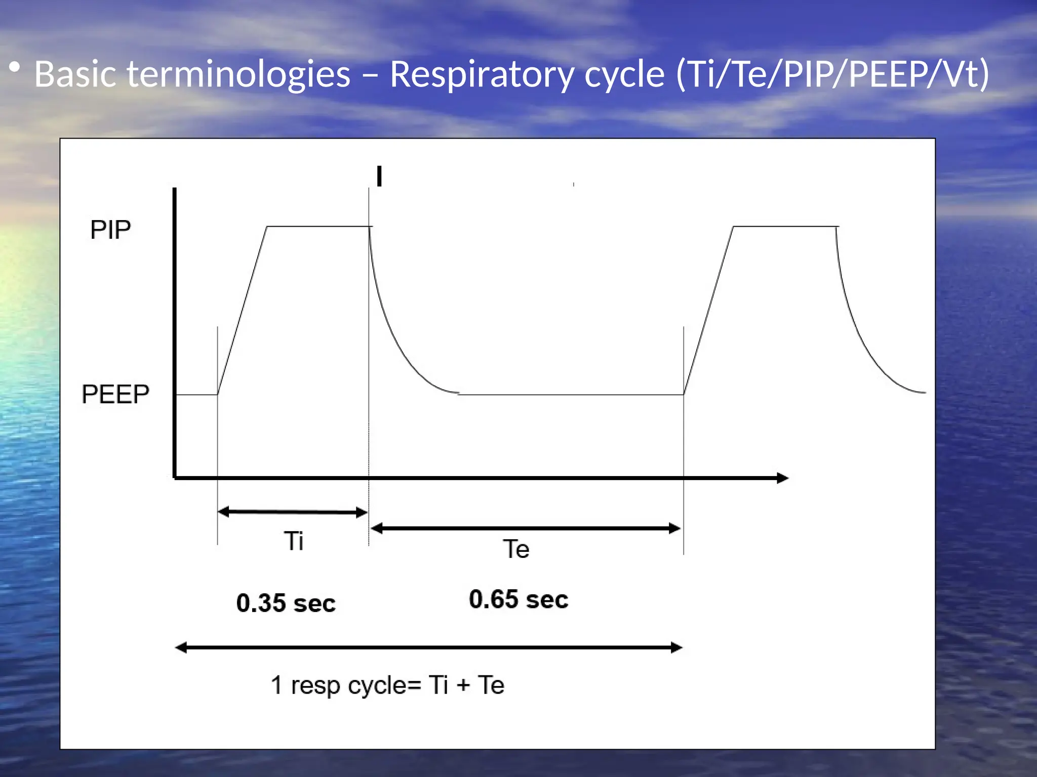 • Basic terminologies – Respiratory cycle (Ti/Te/PIP/PEEP/Vt)
 