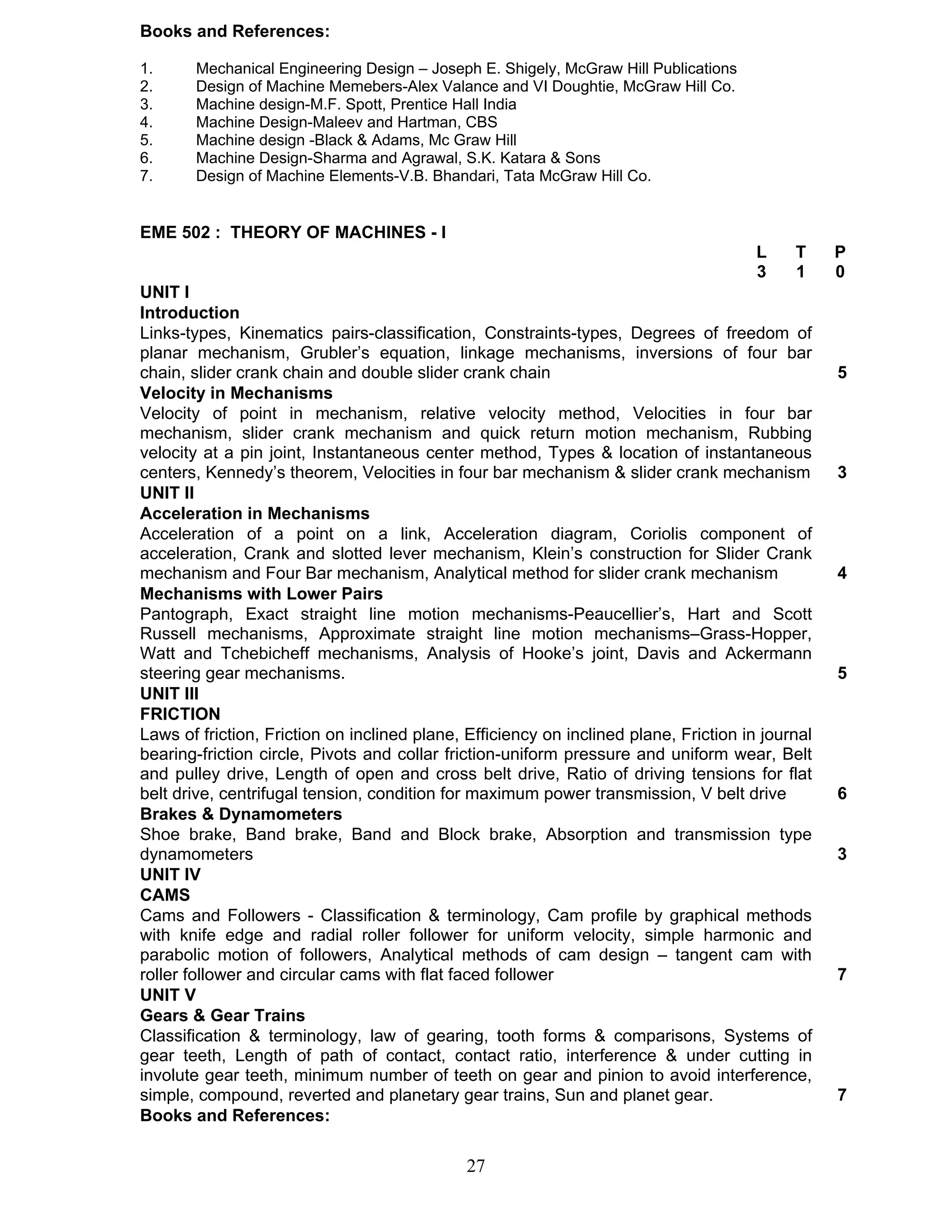 Books and References: 
1. Mechanical Engineering Design – Joseph E. Shigely, McGraw Hill Publications 
2. Design of Machine Memebers-Alex Valance and VI Doughtie, McGraw Hill Co. 
3. Machine design-M.F. Spott, Prentice Hall India 
4. Machine Design-Maleev and Hartman, CBS 
5. Machine design -Black & Adams, Mc Graw Hill 
6. Machine Design-Sharma and Agrawal, S.K. Katara & Sons 
7. Design of Machine Elements-V.B. Bhandari, Tata McGraw Hill Co. 
27 
EME 502 : THEORY OF MACHINES - I 
L T P 
3 1 0 
UNIT I 
Introduction 
Links-types, Kinematics pairs-classification, Constraints-types, Degrees of freedom of 
planar mechanism, Grubler’s equation, linkage mechanisms, inversions of four bar 
chain, slider crank chain and double slider crank chain 5 
Velocity in Mechanisms 
Velocity of point in mechanism, relative velocity method, Velocities in four bar 
mechanism, slider crank mechanism and quick return motion mechanism, Rubbing 
velocity at a pin joint, Instantaneous center method, Types & location of instantaneous 
centers, Kennedy’s theorem, Velocities in four bar mechanism & slider crank mechanism 3 
UNIT II 
Acceleration in Mechanisms 
Acceleration of a point on a link, Acceleration diagram, Coriolis component of 
acceleration, Crank and slotted lever mechanism, Klein’s construction for Slider Crank 
mechanism and Four Bar mechanism, Analytical method for slider crank mechanism 4 
Mechanisms with Lower Pairs 
Pantograph, Exact straight line motion mechanisms-Peaucellier’s, Hart and Scott 
Russell mechanisms, Approximate straight line motion mechanisms–Grass-Hopper, 
Watt and Tchebicheff mechanisms, Analysis of Hooke’s joint, Davis and Ackermann 
steering gear mechanisms. 5 
UNIT III 
FRICTION 
Laws of friction, Friction on inclined plane, Efficiency on inclined plane, Friction in journal 
bearing-friction circle, Pivots and collar friction-uniform pressure and uniform wear, Belt 
and pulley drive, Length of open and cross belt drive, Ratio of driving tensions for flat 
belt drive, centrifugal tension, condition for maximum power transmission, V belt drive 6 
Brakes & Dynamometers 
Shoe brake, Band brake, Band and Block brake, Absorption and transmission type 
dynamometers 3 
UNIT IV 
CAMS 
Cams and Followers - Classification & terminology, Cam profile by graphical methods 
with knife edge and radial roller follower for uniform velocity, simple harmonic and 
parabolic motion of followers, Analytical methods of cam design – tangent cam with 
roller follower and circular cams with flat faced follower 7 
UNIT V 
Gears & Gear Trains 
Classification & terminology, law of gearing, tooth forms & comparisons, Systems of 
gear teeth, Length of path of contact, contact ratio, interference & under cutting in 
involute gear teeth, minimum number of teeth on gear and pinion to avoid interference, 
simple, compound, reverted and planetary gear trains, Sun and planet gear. 7 
Books and References: 
 