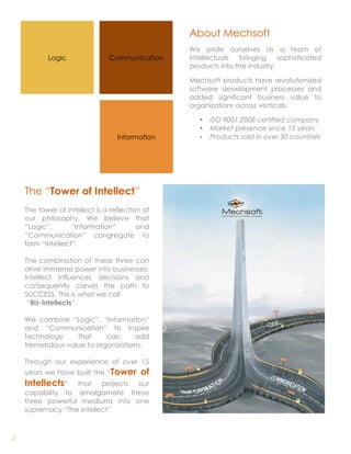 About Mechsoft
                                                We pride ourselves as a team of
           Logic               Communication    intellectuals  bringing     sophisticated
                                                products into the industry.

                                                Mechsoft products have revolutionized
                                                software development processes and
                                                added significant business value to
                                                organizations across verticals.

                                                   •   ISO 9001:2008 certified company
                                                   •   Market presence since 15 years
                                  Information      •   Products sold in over 50 countries




    The “Tower of Intellect”
    The tower of intellect is a reflection of
    our philosophy. We believe that
    “Logic”,       “Information”         and
    “Communication” congregate to
    form “Intellect”.

    The combination of these three can
    drive immense power into businesses.
    Intellect influences decisions and
    consequently carves the path to
    SUCCESS. This is what we call
     “Biz-Intellects”.

    We combine “Logic”, “Information”
    and “Communication” to inspire
    technology    that     can     add
    tremendous value to organizations.

    Through our experience of over 15
    years we have built the “Tower        of
    Intellects”   that projects our
    capability to amalgamate these
    three powerful mediums into one
    supremacy “The Intellect”



2
 