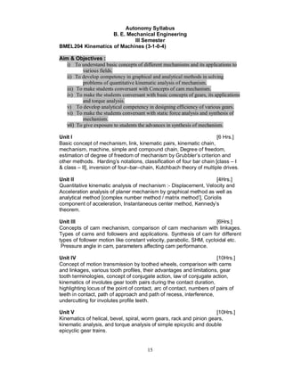 Autonomy Syllabus
                   B. E. Mechanical Engineering
                            III Semester
BMEL204 Kinematics of Machines (3-1-0-4)

Aim & Objectives :
   i) To understand basic concepts of different mechanisms and its applications to
           various fields.
   ii) To develop competency in graphical and analytical methods in solving
           problems of quantitative kinematic analysis of mechanism.
   iii) To make students conversant with Concepts of cam mechanism.
   iv) To make the students conversant with basic concepts of gears, its applications
           and torque analysis.
   v) To develop analytical competency in designing efficiency of various gears.
   vi) To make the students conversant with static force analysis and synthesis of
           mechanism.
   vii) To give exposure to students the advances in synthesis of mechanism.

Unit I                                                                [6 Hrs.]
Basic concept of mechanism, link, kinematic pairs, kinematic chain,
mechanism, machine, simple and compound chain, Degree of freedom,
estimation of degree of freedom of mechanism by Grubbler’s criterion and
other methods. Harding’s notations, classification of four bar chain [class – I
& class – II], inversion of four–bar–chain, Kutchbach theory of multiple drives.

Unit II                                                           [4Hrs.]
Quantitative kinematic analysis of mechanism :- Displacement, Velocity and
Acceleration analysis of planer mechanism by graphical method as well as
analytical method [complex number method / matrix method’], Coriolis
component of acceleration, Instantaneous center method, Kennedy’s
theorem.

Unit III                                                              [6Hrs.]
Concepts of cam mechanism, comparison of cam mechanism with linkages.
Types of cams and followers and applications. Synthesis of cam for different
types of follower motion like constant velocity, parabolic, SHM, cycloidal etc.
 Pressure angle in cam, parameters affecting cam performance.

Unit IV                                                                [10Hrs.]
Concept of motion transmission by toothed wheels, comparison with cams
and linkages, various tooth profiles, their advantages and limitations, gear
tooth terminologies, concept of conjugate action, law of conjugate action,
kinematics of involutes gear tooth pairs during the contact duration,
highlighting locus of the point of contact, arc of contact, numbers of pairs of
teeth in contact, path of approach and path of recess, interference,
undercutting for involutes profile teeth.

Unit V                                                               [10Hrs.]
Kinematics of helical, bevel, spiral, worm gears, rack and pinion gears,
kinematic analysis, and torque analysis of simple epicyclic and double
epicyclic gear trains.


                                         15
 
