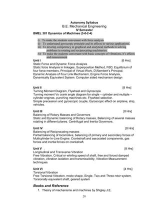 Autonomy Syllabus
                        B.E. Mechanical Engineering
                           IV Semester
BMEL 301 Dynamics of Machines (3-0-2-4)

   i) To make the students conversant with force analysis
   ii) To understand gyroscopic principle and its effects in various applications.
   iii) To develop competency in graphical and analytical methods in solving
           problems in rotating and reciprocating machineries.
   iv) To make the students conversant with basic concepts of vibrations, it’s effects
           and measurement
Unit I                                                                     [6 Hrs]
Static Force and Dynamic Force Analysis
Static force Analysis in linkages, Superposition Method, FBD, Equilibrium of
four force members, Principal of Virtual Work, D’Alembert’s Principal,
Dynamic Analysis of Four Link Mechanism, Engine Force Analysis,
Dynamically Equivalent System. Computer aided mechanism design


Unit II                                                            [8 Hrs]
Turning Moment Diagram, Flywheel and Gyroscope
Turning moment Vs crank angle diagram for single – cylinder and multiple –
cylinder engines, punching machines etc. Flywheel selection.
Simple precession and gyroscopic couple, Gyroscopic effect on airplane, ship,
vehicles.

Unit III                                                          [8 Hrs]
Balancing of Rotary Masses and Governors
Static and Dynamic balancing of Rotary masses, Balancing of several masses
rotating in different planes. Centrifugal and Inertia Governors.

Unit IV                                                               [8 Hrs]
Balancing of Reciprocating masses
Partial balancing of locomotive, balancing of primary and secondary forces of
Multicylinder In-Line Engine. Crankshaft and associated components, gas
forces and inertia forces on crankshaft.

Unit V .                                                                [8 Hrs]
Longitudinal and Transverse Vibration
Free Vibration, Critical or whirling speed of shaft, free and forced damped
vibration, vibration isolation and transmissibility, Vibration Measurement
techniques

Unit VI                                                            [4 Hrs]
Torsional Vibration
Free Torsional Vibration, mode shape, Single, Two and Three rotor system,
Torsionally equivalent shaft, geared system

Books and Reference
   1. Theory of mechanisms and machines by Shigley J.E.

                                         28
 