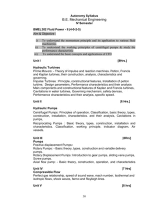Autonomy Syllabus
                         B.E. Mechanical Engineering
                                    IV Semester

BMEL302 Fluid Power - II (4-0-2-5)
Aim & Objective :

  i)      To understand the momentum principle and its application to various fluid
          machineries
 ii)      To understand the working principles of centrifugal pumps & study the
          performance characteristic
iii)       To understand the basic concepts and applications of CFD

Unit I                                                               [8Hrs.]

Hydraulic Turbines
Prime Movers: - Theory of impulse and reaction machines. Pelton, Francis
and Kaplan turbines, their construction, analysis, characteristics and
governing.
Impulse Turbines : Principle, constructional features, Installation of pelton
turbine, Design parameters, Performance characteristics and their analysis
Main components and constructional features of Kaplan and Francis turbines,
Cavitations in water turbines, Governing mechanism, safety devices,
Performance characteristics and their analysis, specific speed.

Unit II                                                                [8 Hrs.]

Hydraulic Pumps
Centrifugal Pumps: Principles of operation, Classification, basic theory, types,
construction, installation, characteristics. and their analysis, Cavitations in
pumps,
Reciprocating Pumps : Basic theory, types, construction, installation and
characteristics. Classification, working principle, indicator diagram, Air
vessels.

Unit III                                                             [8Hrs]
Pumps
Positive displacement Pumps:
Rotary Pumps: - Basic theory, types, construction and variable delivery
pumps.
Rotary Displacement Pumps: Introduction to gear pumps, sliding vane pumps,
Screw pumps.
Axial flow pump: - Basic theory, construction, operation, and characteristics

Unit IV                                                           [7 Hrs]
Compressible Flow
Perfect gas relationship, speed of sound wave, mach number, Isothermal and
isotropic flows, shock waves, fanno and Rayliegh lines.

Unit V                                                                  [8 hrs]


                                         30
 