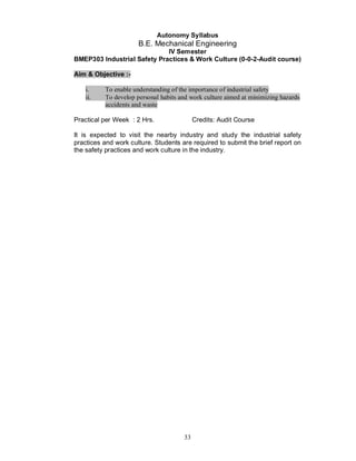 Autonomy Syllabus
                      B.E. Mechanical Engineering
                             IV Semester
BMEP303 Industrial Safety Practices & Work Culture (0-0-2-Audit course)

Aim & Objective :-

    i.    To enable understanding of the importance of industrial safety
    ii.   To develop personal habits and work culture aimed at minimizing hazards
          accidents and waste

Practical per Week : 2 Hrs.                Credits: Audit Course

It is expected to visit the nearby industry and study the industrial safety
practices and work culture. Students are required to submit the brief report on
the safety practices and work culture in the industry.




                                      33
 