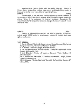 Kinematics of Friction Drives such as brakes, clutches, design of
friction clutch, single plate, multiple plate, cone, centrifugal clutch, design of
brake, shoe brake, band brake, internal expanding brake.
UNIT V:                                                                   (7 Hrs.)
        Classification of thin and thick cylindrical pressure vessel, stresses in
thin and thick cylindrical pressure vessels. ASME code of pressure vessel and
piping. When It Is subjected to internal pressure, Expression for
circumferential and longitudinal stresses, design of pressure vessel, heads
and cover Plate.




UNIT VI:                                                            (8Hrs.)
        Design of transmission shafts on the basis of strength, rigidity and
critical speed, ASME code for shaft design, design of stepped shaft axle
splined shaft, keys.


TEXT BOOKS :
  1. Martin J.Siegel, Vladimir L.Maleev, James Busse Hartman,”Mechanical
  Design of Machine”, International Textbook Co,1965.
  2. P.H. Black ,”Machine Design”, McGraw-Hill,1955.
  3. J.E.Shigley,Charles R.Mischke,Richard G.Budynas,”Mechanical Engg.
  Design”, McGraw-Hill,2003.
  4. V.B. Bhandari ,”Design of Machine Elements “,Tata McGraw-Hill
  Education,2008.
  5.R.S. Khurmi and J.K.Gupta ,“A Textbook of Machine Design”,Eurasia
  Publishing House,2005.
  6.B.D. Shiwalkar ,”Design Data book “,Benett & Co Publishing Division, 2nd
  edition,2005.




                                       36
 