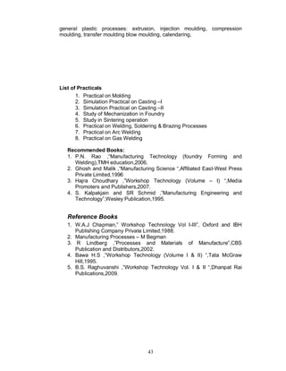 general plastic processes: extrusion, injection moulding, compression
moulding, transfer moulding blow moulding, calendaring,




List of Practicals
       1. Practical on Molding
       2. Simulation Practical on Casting –I
       3. Simulation Practical on Casting –II
       4. Study of Mechanization in Foundry
       5. Study in Sintering operation
       6. Practical on Welding, Soldering & Brazing Processes
       7. Practical on Arc Welding
       8. Practical on Gas Welding

   Recommended Books:
   1. P.N. Rao ,“Manufacturing Technology (foundry Forming and
      Welding),TMH education,2006.
   2. Ghosh and Malik ,“Manufacturing Science “,Affiliated East-West Press
      Private Limited,1996
   3. Hajra Choudhary ,”Workshop Technology (Volume – I) “,Media
      Promoters and Publishers,2007.
   4. S. Kalpakjain and SR Schmid ,”Manufacturing Engineering and
      Technology”,Wesley Publication,1995.


   Reference Books
   1. W.A.J Chapman,” Workshop Technology Vol I-III”, Oxford and IBH
      Publishing Company Private Limited,1988.
   2. Manufacturing Processes – M Begman
   3. R Lindberg ,”Processes and Materials of Manufacture”,CBS
      Publication and Distributors,2002.
   4. Bawa H.S ,”Workshop Technology (Volume I & II) “,Tata McGraw
      Hill,1995.
   5. B.S. Raghuvanshi ,”Workshop Technology Vol. I & II “,Dhanpat Rai
      Publications,2009.




                                    43
 