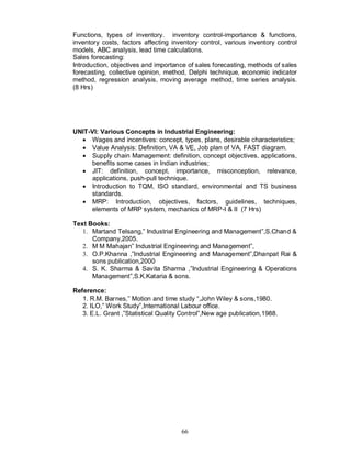 Functions, types of inventory. inventory control-importance & functions,
inventory costs, factors affecting inventory control, various inventory control
models, ABC analysis, lead time calculations.
Sales forecasting:
Introduction, objectives and importance of sales forecasting, methods of sales
forecasting, collective opinion, method, Delphi technique, economic indicator
method, regression analysis, moving average method, time series analysis.
(8 Hrs)




UNIT-VI: Various Concepts in Industrial Engineering:
  · Wages and incentives: concept, types, plans, desirable characteristics;
  · Value Analysis: Definition, VA & VE, Job plan of VA, FAST diagram.
  · Supply chain Management: definition, concept objectives, applications,
     benefits some cases in Indian industries;
  · JIT: definition, concept, importance, misconception, relevance,
     applications, push-pull technique.
  · Introduction to TQM, ISO standard, environmental and TS business
     standards.
  · MRP: Introduction, objectives, factors, guidelines, techniques,
     elements of MRP system, mechanics of MRP-I & II (7 Hrs)

Text Books:
   1. Martand Telsang,” Industrial Engineering and Management”,S.Chand &
      Company,2005.
   2. M M Mahajan” Industrial Engineering and Management”,
   3. O.P.Khanna ,”Industrial Engineering and Management”,Dhanpat Rai &
      sons publication,2000
   4. S. K. Sharma & Savita Sharma ,”Industrial Engineering & Operations
      Management”,S.K.Kataria & sons.

Reference:
   1. R.M. Barnes,” Motion and time study “,John Wiley & sons,1980.
   2. ILO,” Work Study”,International Labour office.
   3. E.L. Grant ,”Statistical Quality Control”,New age publication,1988.




                                      66
 