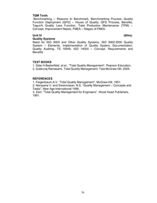 TQM Tools
Benchmarking – Reasons to Benchmark, Benchmarking Process, Quality
Function Deployment (QFD) – House of Quality, QFD Process, Benefits,
Taguchi Quality Loss Function, Total Productive Maintenance (TPM) –
Concept, Improvement Needs, FMEA – Stages of FMEA.

Unit IV                                                    (6Hrs)
Quality Systems
Need for ISO 9000 and Other Quality Systems, ISO 9000:2000 Quality
System – Elements, Implementation of Quality System, Documentation,
Quality Auditing, TS 16949, ISO 14000 – Concept, Requirements and
Benefits


TEXT BOOKS
1. Dale H.Besterfield, et al., “Total Quality Management”, Pearson Education.
2. Subburaj Ramasami, Total Quality Management, Tata McGraw Hill, 2005.


REFERENCES
1. Feigenbaum.A.V. “Total Quality Management”, McGraw-Hill, 1991.
2. Narayana V. and Sreenivasan, N.S. “Quality Management – Concepts and
Tasks”, New Age International 1996.
3. Zeiri. “Total Quality Management for Engineers”, Wood Head Publishers,
1991.




                                     70
 