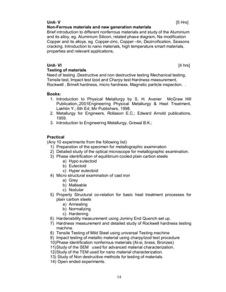 Unit- V                                                                  [5 Hrs]
Non-Ferrous materials and new generation materials
Brief introduction to different nonferrous materials and study of the Aluminium
and its alloy, eg. Aluminium Silicon, related phase diagram, Na modification
Copper and its alloys, eg. Copper-zinc, Copper –tin, Dezincification, Seasons
cracking. Introduction to nano materials, high temperature smart materials,
properties and relevant applications,


Unit- VI                                                                [4 hrs]
Testing of materials
Need of testing .Destructive and non destructive testing Mechanical testing,
Tensile test, Impact test Izod and Charpy test Hardness measurement,
Rockwell , Brinell hardness, micro hardness. Magnetic particle inspection. .

Books:
 1. Introduction to Physical Metallurgy by S. H. Avener McGraw Hill
    Publication,,2001Engineering Physical Metallurgy & Heat Treatment,
    Lakhtin Y.; 6th Ed; Mir Publishers, 1998.
 2. Metallurgy for Engineers, Rollason E.C.; Edward Arnold publications,
    1959.
 3. Introduction to Engineering Metallurgy, Grewal B.K.;


Practical
(Any 10 experiments from the following list)
  1) Preparation of the specimen for metallographic examination
  2) Detailed study of the optical microscope for metallographic examination.
  3) Phase identification of equilibrium cooled plain carbon steels
         a) Hypo eutectoid
         b) Eutectoid
         c) Hyper eutectoid
  4) Micro structural examination of cast iron
         a) Grey
         b) Malleable
         c) Nodular
  5) Property Structural co-relation for basic heat treatment processes for
     plain carbon steels
         a) Annealing
         b) Normalizing
         c) Hardening
  6) Hardenability measurement using Jominy End Quench set up.
  7) Hardness measurement and detailed study of Rockwell hardness testing
     machine.
  8) Tensile Testing of Mild Steel using universal Testing machine
  9) Impact testing of metallic material using charpy/izod test procedure
  10)Phase identification nonferrous materials (Al-si, brass, Bronzes)
  11)Study of the SEM used for advanced material characterization.
  12)Study of the TEM used for nano material characterization.
  13) Study of Non destructive methods for testing of materials.
  14) Open ended experiments.


                                       14
 