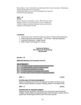 Side indicator wiper Automobile air-conditioning Panel board instruments. Maintenance,
Trouble shooting and service, procedures,
Overhauling, Engine tune up, Tools and equipment for repair and
Overhaul Testing equipments.


UNIT VI
(5 Hrs)
Recent Advances in automobiles such as ABS, Electronic Power
Steering , Steer by wire, Traction control , Active suspension,
Collision avoidance, Intelligent lighting, Navigational aids and
Intelligent vehicle highway system.




Text Books
    1.   John B. Heywood,” Internal Combustion Engine,” McGraweHill publication.
    2.   Kirpal Singh Automotive Engineers vol.1 & vol.2 , Standard publication
    3.   Automotive Mechanics : Joseph Heitner
    4.   Motor Vehicle Technology W.H. Crouse



                                  Autonomy Syllabus
                             B.E. Mechanical Engineering
                                     VIII Semeste r



Elective    III

BMEL508 Modeling and simulation (3-0-0-3)

Aim & Objective :
i)    To study concept of system and system environment.
ii)  To understand the concept of random number
iii) To understand simulation of systems.
iv)  To study simulation of queuing and inventory.
v)   To know about various simulation languages/packages.

    UNIT     I                                                         (7 Hrs)

   SYSTEM AND SYSTEM ENVIRONM ENT
   System and System Environment: Component of a system continuous and
   discrete systems Models of a system modeling. Steps in a simulation study.

    UNIT     II                                                        (8 Hrs)

    GENERATION OF RANDOM NUMBER
    Random Nu mber Generation: Mid Square The mid product method Constant
    multiplier method Additive congruential method Test for random numbers: the chi-
    square test, the kolmogorov-Smirnov test, Runs test, Gap test


                                             95
 