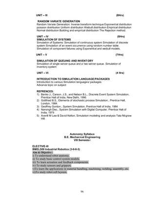UNIT    III                                                             (8Hrs)

    RANDOM VARIATE GENERATION
   Random Variate Generation: Inverse transform technique Exponential distribution
   poission distribution Uniform distribution Weibull distribution Empirical distribution
   Normal distribution Building and empirical distribution The Rejection method.

   UNIT IV                                                            (8Hrs)
   SIMULATION OF SYSTEMS
   Simulation of Systems: Simulation of continuous system Simulation of discrete
   system Simulation of an event occurrence using random number table.
   Simulation of component failures using Exponential and weibull models.

   UNIT    V                                                              (7Hrs)

   SIMULATION OF QUEUING AND INVENT ORY
   Simulation of single server queue and a two server queue. Simulation of
   inventory system

   UNIT     VI                                                            (4 Hrs)

   INTRODUCTION TO SIMULATION LANGUAGE/PACKAGES
   Introduction to various Simulation languages/ packages.
   Advance topic on subject

   REFRENCES:
   1) Banks J., Carson. J.S., and Nelson B.L., Discrete Event System Simulation,
      Prentice Hall of India, New Delhi, 1996.
   2) Gottfried B.S., Elements of stochastic process Simulation., Prentice Hall,
      London, 1984.
   3) Geoffrey Gordon., System Simulation, Prentice Hall of India, 1984
   4) Narsingh Deo., Syst em Simulation with Digital Computer, Prentice Hall of
      India, 1979
   5) Averill M Law & David Kelton, Simulation modeling and analysis Tata Mcgraw
      Hill.




                                Autonomy Syllabus
                           B.E. Mechanical Engineering
                                   VIII Semeste r

ELECTIVE-III
BMEL509 Industrial Robotics (3-0-0-3)
Aim & Objective :
i) To understand robot anatomy.
ii) To study basic control system models.
iii) To learn actuation and feedback components.
iv) To study sensors and grippers.
v)To learn the applications in material handling, machining, welding, assembly, etc.
vi)To study robot cell layouts.




                                          96
 