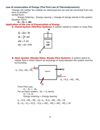 16 
dQ dU PdV 
dW P dV 
  
  
  
  
W P dV 
Q ΔU W 
Law of conservation of Energy (The First Law of Thermodynamics): 
“Energy can neither be created nor destroyed but can only be converted from one 
form to another.” 
Verbal Form: 
Energy Entering – Energy Leaving = change of energy stored in the system 
Equation Form: 
E1 – E2 = Es 
Application of the Law of Conservation of Energy 
A. Closed System (Nonflow System): A system closed to matter or mass flow. 
B. Open System (Steady-State, Steady-Flow System): A system opens to 
matter flow in which there’s an exchange of mass between the system and the 
surrounding. 
From First Law; 
E1 – E2 = Es 
For an Open system, Es = 0, hence 
E1 = E2 or 
Energy entering = Energy leaving 
Gas 
U 
Q 
W 
System 
Q 
W 
1 
2 
1 1 1 1 1 U P V KE PE 
2 2 2 2 2 U P V KE PE 
Q U U P V P V KE KE PE PE W 
U P V KE PE Q U P V KE PE W 
2 1 2 2 1 1 2 1 2 1 
1 1 1 1 1 2 2 2 2 2 
         
         
( ) ( ) ( ) ( ) 
 
