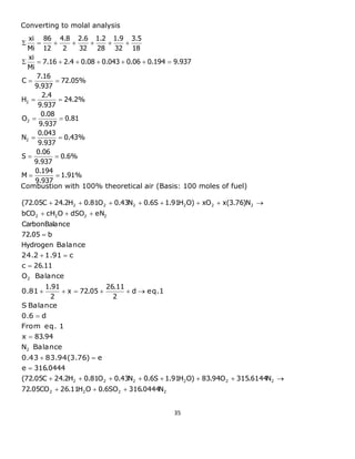 35 
1.91% 
9.937 
0.194 
M 
0.6% 
9.937 
0.06 
S 
0.43% 
9.937 
0.043 
N 
0.81 
9.937 
0.08 
O 
24.2% 
9.937 
2.4 
H 
72.05% 
9.937 
7.16 
C 
7.16 2.4 0.08 0.043 0.06 0.194 9.937 
Mi 
xi 
18 
3.5 
32 
1.9 
28 
1.2 
32 
2.6 
2 
4.8 
12 
86 
Mi 
xi 
2 
2 
2 
  
  
  
  
  
  
        
       
Converting to molal analysis 
Combustion with 100% theoretical air (Basis: 100 moles of fuel) 
2 2 2 2 
2 2 2 2 2 2 
2 
2 
2 2 2 2 
2 2 2 2 2 2 
72.05CO 26.11H O 0.6SO 316.0444N 
(72.05C 24.2H 0.81O 0.43N 0.6S 1.91H O) 83.94O 315.6144N 
316.0444 
N 
83.94 
d 
2 
26.11 
x 72.05 
2 
1.91 
O 
26.11 
Hydrogen 
72.05 b 
CarbonBalance 
bCO cH O dSO eN 
(72.05C 24.2H 0.81O 0.43N 0.6S 1.91H O) xO x(3.76)N 
   
        
 
  
 
 
      
 
  
 
   
        
e 
0.43 83.94(3.76) e 
Balance 
x 
From eq. 1 
0.6 d 
S Balance 
0.81 eq. 1 
Balance 
c 
24.2 1.91 c 
Balance 
 