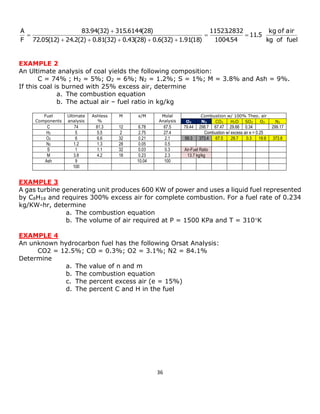 36 
kg of fuel 
11.5 
1004.54 
11523.2832 
72.05(12) 24.2(2) 0.81(32) 0.43(28) 0.6(32) 1.91(18) 
83.94(32) 315.6144(28) 
F 
A 
kg of air 
  
     
 
 
EXAMPLE 2 
An Ultimate analysis of coal yields the following composition: 
C = 74% ; H2 = 5%; O2 = 6%; N2 = 1.2%; S = 1%; M = 3.8% and Ash = 9%. 
If this coal is burned with 25% excess air, determine 
a. The combustion equation 
b. The actual air – fuel ratio in kg/kg 
Fuel 
Components 
Ultimate 
analysis 
Ashless 
% 
M x/M Molal 
Analysis 
Combustion w/ 100% Theo. air 
O2 N2 CO2 H2O SO2 O2 N2 
C 74 81.3 12 6.78 67.5 79.44 298.7 67.47 29.66 0.34 299.17 
H2 5 5.5 2 2.75 27.4 Combustion w/ excess air e = 0.25 
O2 6 6.6 32 0.21 2.1 99.3 373.4 67.5 29.7 0.3 19.9 373.8 
N2 1.2 1.3 28 0.05 0.5 
S 1 1.1 32 0.03 0.3 Air-Fuel Ratio 
M 3.8 4.2 18 0.23 2.3 13.7 kg/kg 
Ash 9 10.04 100 
100 
EXAMPLE 3 
A gas turbine generating unit produces 600 KW of power and uses a liquid fuel represented 
by C8H18 and requires 300% excess air for complete combustion. For a fuel rate of 0.234 
kg/KW-hr, determine 
a. The combustion equation 
b. The volume of air required at P = 1500 KPa and T = 310K 
EXAMPLE 4 
An unknown hydrocarbon fuel has the following Orsat Analysis: 
CO2 = 12.5%; CO = 0.3%; O2 = 3.1%; N2 = 84.1% 
Determine 
a. The value of n and m 
b. The combustion equation 
c. The percent excess air (e = 15%) 
d. The percent C and H in the fuel 
 