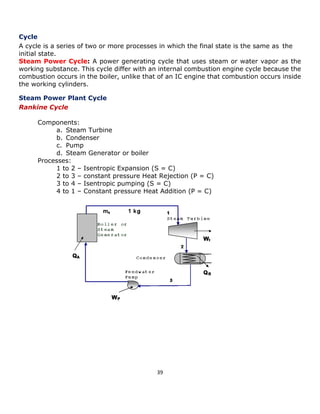 39 
Cycle 
A cycle is a series of two or more processes in which the final state is the same as the initial state. 
Steam Power Cycle: A power generating cycle that uses steam or water vapor as the working substance. This cycle differ with an internal combustion engine cycle because the combustion occurs in the boiler, unlike that of an IC engine that combustion occurs inside the working cylinders. 
Steam Power Plant Cycle 
Rankine Cycle 
Components: 
a. Steam Turbine 
b. Condenser 
c. Pump 
d. Steam Generator or boiler 
Processes: 
1 to 2 – Isentropic Expansion (S = C) 
2 to 3 – constant pressure Heat Rejection (P = C) 
3 to 4 – Isentropic pumping (S = C) 
4 to 1 – Constant pressure Heat Addition (P = C) 
 