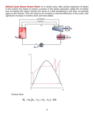 41 
Reheat Cycle Steam Power Plant: In a reheat cycle, after partial expansion of steam 
in the turbine the steam re-enters a section in the steam generator called the re-heater 
and re-heating the steam almost the same to initial temperature and then re-expands 
again to the turbine. This will result to an increase in thermal efficiency of the cycle, with 
significant increase in turbine work and heat added. 
Turbine Work 
WP 
QR 
Wt 
QA 
1 2 
3 
4 
5 
6 
1 kg 
To Reheater 
From Reheater 
T 
1 
S 
2 
3 
5 4 
6 
W m  h h h h  KW t s 1 2 3 4  (  )  (  
 
