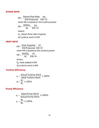 46 
STEAM RATE 
HEAT RATE 
Turbine Efficiency 
Pump Efficiency 
W turbine work in KW 
m steam flow rate in kg/sec 
where 
KW-hr 
kg 
W 
3600m 
SR 
when SR is based on the turbine power 
KW-hr 
kg 
KW Produced 
Steam Flow Rate 
SR 
t-s 
t 
s 
 
 
 
: 
W turbine work in KW 
Q Heat added in KW 
where 
KW-hr 
KJ 
W 
3600Q 
HR 
when HR is based on the turbine power 
KW-hr 
KJ 
KW Produced 
Heat Supplied 
HR 
t- 
A 
t 
A 
: 
 
 
x 100% 
W 
W 
t 
x 100% 
Ideal Turbine Work 
Actual Turbine Work 
t 
t' 
t 
 
 
 
 
x 100% 
W 
W 
x 100% 
Actual Pump Work 
Ideal Pump Work 
P 
P 
P 
P 
' 
 
 
 
 
 