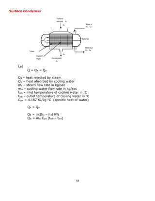 58 
Surface Condenser 
Let 
Q = QR = Qw 
QR – heat rejected by steam 
Qw – heat absorbed by cooling water 
ms – steam flow rate in kg/sec 
mw – cooling water flow rate in kg/sec 
twA – inlet temperature of cooling water in C 
twB – outlet temperature of cooling water in C 
Cpw = 4.187 KJ/kg-C (specific heat of water) 
QR = Qw 
QR = ms(h2 – h3) KW 
Qw = mw Cpw (twB – twA) 
Water in 
mw twA 
Water out 
mw twB 
Water box 
Turbine exhaust h2 
Condensate h3 
Tubes 
Support Plate 
ms 
ms  