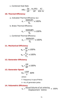 71 
c. Combined Heat Rate 
10. Thermal Efficiency 
a. Indicated Thermal Efficiency (ei) 
b. Brake Thermal Efficiency 
c. Combined Thermal Efficiency 
11. Mechanical Efficiency 
12. Generator Efficiency 
13. Generator Speed 
14. Volumetric Efficiency 
KW-hr 
KJ 
GP 
m HV 
GP 
Qs 
HRc F ( ) 
  
x 100% 
Q 
3600 IP 
e 
s 
i 
( ) 
 
x 100% 
Q 
3600 BP 
e 
s 
b 
( ) 
 
x 100% 
Q 
3600 GP 
e 
s 
C 
( ) 
 
x 100% 
P 
P 
x 100% 
IP 
BP 
mi 
mb 
m 
m 
  
  
x 100% 
BP 
GP 
g   
n - no. of generator poles 
f - frequency in cps of Hertz 
where 
RPM 
n 
120f 
N 
x 100% 
Displacement Volime 
Actual Volume of air entering 
v   
 