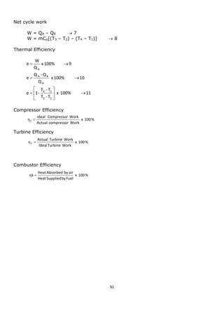91 
Net cycle work 
W = QA – QR  7 
W = mCp[(T3 – T2) – (T4 – T1)]  8 
Thermal Efficiency 
Compressor Efficiency 
Turbine Efficiency 
Combustor Efficiency 
x 100% 11 
T - T 
T - T 
e 1- 
x 100% 10 
Q 
Q -Q 
e 
x 100% 9 
Q 
W 
e 
3 2 
4 1 
A 
A R 
A 
  
 
 
 
 
  
  
x 100 % 
Actual compressor Work 
Ideal Compressor Work 
C   
x 100 % 
Ideal Turbine Work 
Actual Turbine Work 
T   
x 100 % 
Heat Supplied by Fuel 
Heat Absorbed by air 
k  
 