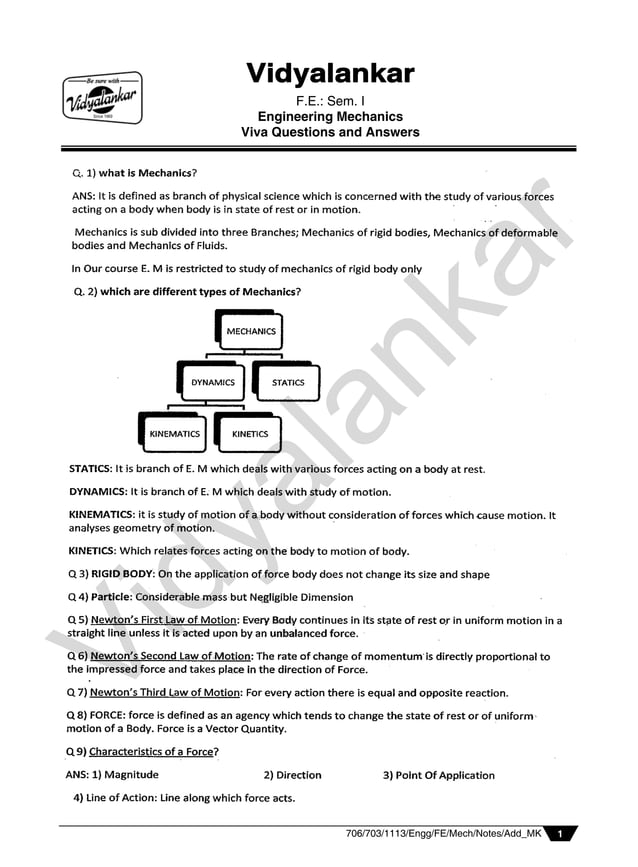 Vidyalankar Engineering Mechanics Viva Questions PDF