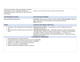 Infecciones bacterianas. Infecciones dérmicas. Faringitis
estreptocócica, IVU no complicada. Profilaxis de
endocarditis bacteriana. Otitis media en niños. Profilaxis
prequirúrgica.
Interfiere en la fase final de síntesis de pared celular bacteriana
CONTRAINDICACIONES EFECTOS SECUNDARIOS
Hipersensibilidad betalactámicos. Frecuentes: Diarrea, náusea, vómito, reacciones alérgicas. Poco frecuentes: Anorexia,
fiebre, incremento de las transaminasas, colitis pseudomembranosa,
Raros: Infección
DOSIS INTERACCIÓN MEDICAMENTOSA
➢ De 250mg a 1,5gr, dependiendo de la gravedad del
caso.
➢ Hasta 6 gr por día en adultos y hasta 1 gr por día en
niños.
Disminución de la eficacia: - Vacunas BCG y contra la Tifoidea: disminuye la
eficacia de estas vacunas.
Aumenta efectos adversos con: - Antitrombina: aumenta los efectos de antitrombina -
Aminoglucósidos: aumenta el riesgo de nefrotoxicidad. - Cumarínicos, delta-heparina,
enoxaparina, heparina: aumenta el efecto anticoagulante. - La excreción se ve
disminuida con la administración concomitante de probenecid. - Aumenta los niveles
plasmáticos de digoxina.
CUIDADOS DE ENFERMERÍA
✓ Vigilar la aparición de reacciones adversas.
✓ Evitar administrarlo con medicamentos con los que es incompatible.
✓ Considera r los aspectos de vías de administración y estabilidad.
✓ Diluirla en 50 a 100 ml y administrarla en 60 minutos.
✓ Vigilar ven punción por riesgo de flebitis.
✓ Requiere seguimiento de glóbulos blancos y plaquetas.
 