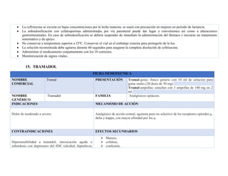 • La ceftriaxona se excreta en bajas concentraciones por la leche materna, se usará con precaución en mujeres en periodo de lactancia.
• La sobredosificación con cefalosporinas administradas por vía parenteral puede dar lugar a convulsiones así como a alteraciones
gastrointestinales. En caso de sobredosificación se deberá suspender de inmediato la administración del fármaco e iniciarse un tratamiento
sintomático y de apoyo.
• No conservar a temperatura superior a 25ºC. Conservar el vial en el embalaje exterior para protegerlo de la luz.
• La solución reconstituida debe agitarse durante 60 segundos para asegurar la completa disolución de ceftriaxona.
• Administrar el medicamento conjuntamente con los 10 correctos.
• Monitorización de signos vitales.
15. TRAMADOL
FICHA NEMOTECNICA
NOMBRE
COMERCIAL
Tramal PRESENTACIÓN Tramal gotas: frasco gotario con 10 ml de solución para
gotas orales (20 dosis de 50 mg).
Tramal ampollas: estuches con 3 ampollas de 100 mg en 2
ml.
NOMBRE
GENÉRICO
Tramadol FAMILIA Analgésicos opiáceos.
INDICACIONES MECANISMO DE ACCIÓN
Dolor de moderado a severo. Analgésico de acción central, agonista puro no selectivo de los receptores opioides µ,
delta y kappa, con mayor afinidad por los µ.
CONTRAINDICACIONES EFECTOS SECUNDARIOS
Hipersensibilidad a tramadol; intoxicación aguda o
sobredosis con depresores del SNC (alcohol, hipnóticos,
➢ Mareos,
➢ cefaleas,
➢ confusión,
 