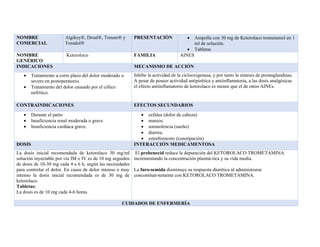 NOMBRE
COMERCIAL
Algikey®, Droal®, Tonum® y
Toradol®
PRESENTACIÓN • Ampolla con 30 mg de Ketorolaco trometamol en 1
ml de solución.
• Tabletas
NOMBRE
GENÉRICO
Keteroloco FAMILIA AINES
INDICACIONES MECANISMO DE ACCIÓN
• Tratamiento a corto plazo del dolor moderado o
severo en postoperatorio.
• Tratamiento del dolor causado por el cólico
nefrítico.
Inhibe la actividad de la ciclooxigenasa, y por tanto la síntesis de prostaglandinas.
A pesar de poseer actividad antipirética y antiinflamatoria, a las dosis analgésicas
el efecto antiinflamatorio de ketorolaco es menor que el de otros AINEs.
CONTRAINDICACIONES EFECTOS SECUNDARIOS
• Durante el parto
• Insuficiencia renal moderada o grave
• Insuficiencia cardíaca grave.
• cefalea (dolor de cabeza)
• mareos.
• somnolencia (sueño)
• diarrea.
• estreñimiento (constipación)
DOSIS INTERACCIÓN MEDICAMENTOSA
La dosis inicial recomendada de ketorolaco 30 mg/ml
solución inyectable por vía IM o IV es de 10 mg seguidos
de dosis de 10-30 mg cada 4 a 6 h, según las necesidades
para controlar el dolor. En casos de dolor intenso o muy
intenso la dosis inicial recomendada es de 30 mg de
ketorolaco.
Tabletas:
La dosis es de 10 mg cada 4-6 horas.
El probenecid reduce la depuración del KETOROLACO TROMETAMINA
incrementando la concentración plasmá-tica y su vida media.
La furo-semida disminuye su respuesta diurética al administrarse
concomitan-temente con KETOROLACO TROMETAMINA.
CUIDADOS DE ENFERMERÍA
 