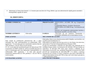 • Administrar en forma lenta durante 1 a 2 minutos para una dosis de 10 mg, debido a que una administración rápida genera ansiedad e
intranquilidad, seguido de mareo.
18. ZIDOVUDINA
FICHA NEMOTECNICA
NOMBRE COMERCIAL Combivir® PRESENTACIÓN ZIDOVUDINA ACCORD 300 mg Comprimidos
EFG:
Comprimidos blancos, circulares, biconvexos.
ZIDOVUDINA ACCORD 50 mg / 5 ml Solución oral
EFG:
Solución oral transparente prácticamente incolora o
ligeramente amarilla y con olor a fresa.
NOMBRE GENÉRICO Zidovudina FAMILIA Antivirales de uso sistémico, Nucleósidos y
nucleótidos inhibidores de la transcriptasa inversa
INDICACIONES MECANISMO DE ACCIÓN
Oral: terapia de combinación antirretroviral; ads. y niños
infectados por VIH; quimioprofilaxis en embarazadas VIH+
(gestación > 14 sem) para prevenir transmisión materno-fetal de
VIH; profilaxis 1 aria de VIH en recién nacidos.
IV: tto. a corto plazo de manifestación grave de infección por VIH
en pacientes con SIDA cuando tto. oral no es posible (procurar no
usar en monoterapia para esta indicación); quimioprofilaxis en
embarazadas VIH+ (gestación > 14 sem) para prevenir
transmisión materno-fetal de VIH; profilaxis 1 aria de VIH en
recién nacidos.
Zidovudina Altan es una solución acuosa estéril, límpida y casi incolora, con
un pH de aproximadamente 5,5
Zidovudina es un agente antiviral muy activo in vitro frente a los retrovirus,
incluyendo el Virus de la Inmunodeficiencia Humana (VIH).
El paso de monofosfato a difosfato de zidovudina está catalizado por la
timidilato kinasa celular y la formación del trifosfato (TP) por kinasas no
específicas. El derivado (TP) actúa como sustrato e inhibidor de la
transcriptasa inversa del virus, quedando bloqueada la formación del ADN
proviral por incorporación de zidovudina-MP a la cadena y posterior
terminación de la misma. El efecto competitivo que ejerce zidovudina-TP
sobre la transcriptasa inversa del VIH es unas cien veces mayor que para la
? ADN polimerasa celular.
CONTRAINDICACIONES EFECTOS SECUNDARIOS
 