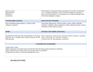 Bocio no toxico
Hipotiroidismo
Mixedema
Creatinismo
Efecto idéntico a la hormona natural secretada por la tiroides. Se transforma
en T3 en órganos periféricos y, como la hormona endógena, desarrolla su
efecto a nivel de receptores T3. El organismo no es capaz de distinguir entre
levotiroxina endógena y exógena
CONTRAINDICACIONES EFECTOS SECUNDARIOS
Hipersensibilidad, hipertiroidismo, I. Adrenal, IAM,
embarazo y lactancia
Taquicardia, palpitaciones, arritmia cardiaca, angina, cefalea, debilidad
muscular y calambres, rubor, intolerancia al calor, sudoración, fiebre, vómitos,
embolismo cerebral, dolor de cabeza
DOSIS INTERACCIÓN MEDICAMENTOSA
Inicialmente 50-100 mcg al día, incrementando en 50 mcg en
intervalos de 3-4 semanas hasta alcanzar una dosis de 100-
400 mcg al día
Efecto reducido por: fármacos que contienen aluminio (antiácidos, sucralfato)
Eficacia disminuida por: sertralina, cloroquina
Aumenta efecto de: anticoagulantes cumarínicos
CUIDADOS DE ENFERMERÍA
Vigilar Signos Vitales
Educar al paciente en que debe tomar la levotiroxina antes del desayuno para disminuir las molestias.
Indicar al paciente que no debe tomar la levotiroxina junto con antiácidos
Proteger de la luz directa, la solución preparada para su uso
20.PARACETAMOL
 