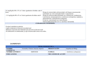 5-6 mg/Kg/día IM o IV en 3 dosis igualmente divididas cada 8
horas.
- 3-5 mg/Kg/día IM o IV en 3 dosis igualmente divididas cada 8
Riesgo de ototoxicidad, nefrotoxicidad y de bloqueo neuromuscular
aumentado con: otros aminoglucósidos o capreomicina.
Riesgo de nefrotoxicidad aumentado con: amfotericina, clindamicina,
vancomicina, inmunosupresores y citotóxicos (ciclosporina, cisplatino y
daunorubicina), cefalosporinas (cefalotina).
Evitar tto. concomitante con: metoxiflurano.
Ototoxicidad potenciada con: ác. etacrínico, furosemida.
CUIDADOS DE ENFERMERÍA
-Evaluar la pérdida de audición
-vigilar al paciente en busca de toxicidad renal
-Mantener al paciente bien hidratado para prevenir la afección renal
-No administrar en embarazadas, ya que ocasiona daño renal en los niños.
24.IMIPENEN
FICHA NEMOTECNICA
NOMBRE
COMERCIAL
Arzomeba, Cilanem, Imacina, Impicira PRESENTACIÓN Ampollas de 500mg
NOMBRE GENÉRICO IMIPENEM FAMILIA Antibióticos carbapenem
INDICACIONES MECANISMO DE ACCIÓN
 