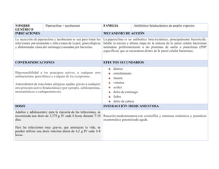 NOMBRE
GENÉRICO
Piperacilina + tazobactam FAMILIA Antibiótico betalactámico de amplio expectro.
INDICACIONES MECANISMO DE ACCIÓN
La inyección de piperacilina y tazobactam se usa para tratar las
infecciones por neumonía e infecciones de la piel, ginecológicas
y abdominales (área del estómago) causadas por bacterias.
La piperacilina es un antibiótico beta-lactámico, principalmente bactericida.
Inhibe la tercera y última etapa de la síntesis de la pared celular bacteriana
uniéndose preferentemente a las proteínas de unión a penicilinas (PBP
específicas) que se encuentran dentro de la pared celular bacteriana.
CONTRAINDICACIONES EFECTOS SECUNDARIOS
Hipersensibilidad a los principios activos, a cualquier otro
antibacteriano penicilínico o a alguno de los excipientes .
Antecedentes de reacciones alérgicas agudas graves a cualquier
otro principio activo betalactámico (por ejemplo, cefalosporinas,
monoatómicos o carbapenémicos).
diarrea
estreñimiento
náusea
vómitos
acidez
dolor de estómago
fiebre
dolor de cabeza
DOSIS INTERACCIÓN MEDICAMENTOSA
Adultos y adolescentes: para la mayoría de las infecciones, se
recomienda una dosis de 3,375 g IV cada 6 horas durante 7-10
días.
Para las infecciones muy graves, que amenazan la vida, se
pueden utilizar una dosis máxima diaria de 4,5 g IV cada 6-8
horas.
Reacción medicamentosa con eosinofilia y síntomas sistémicos y pustulosis
exantemática generalizada aguda.
 