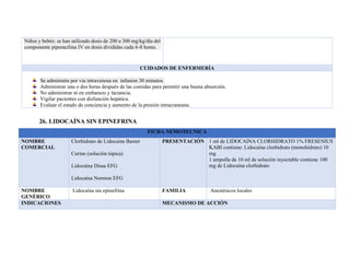 Niños y bebés: se han utilizado dosis de 200 a 300 mg/kg/día del
componente piperacilina IV en dosis divididas cada 6-8 horas.
CUIDADOS DE ENFERMERÍA
Se administra por vía intravenosa en infusion 30 minutos.
Administrar una o dos horas después de las comidas para permitir una buena absorción.
No administrar ni en embarazo y lactancia.
Vigilar pacientes con disfunción hepática.
Evaluar el estado de conciencia y aumento de la presión intracraneana.
26. LIDOCAÍNA SIN EPINEFRINA
FICHA NEMOTECNICA
NOMBRE
COMERCIAL
Clorhidrato de Lidocaína Baxter
Curine (solución tópica)
Lidocaína Diasa EFG
Lidocaína Normon EFG
PRESENTACIÓN 1 ml de LIDOCAINA CLORHIDRATO 1% FRESENIUS
KABI contiene: Lidocaína clorhidrato (monohidrato) 10
mg
1 ampolla de 10 ml de solución inyectable contiene 100
mg de Lidocaína clorhidrato
NOMBRE
GENÉRICO
Lidocaína sin epinefrina FAMILIA Anestésicos locales
INDICACIONES MECANISMO DE ACCIÓN
 