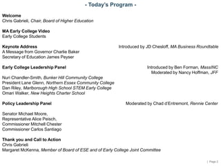 | Page 2
- Today’s Program -
Welcome
Chris Gabrieli, Chair, Board of Higher Education
MA Early College Video
Early College...