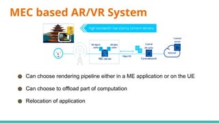 MEC based AR/VR System
● Can choose rendering pipeline either in a ME application or on the UE
● Can choose to offload part of computation
● Relocation of application
 