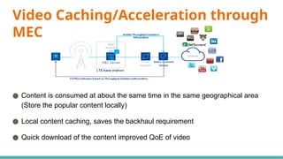 Video Caching/Acceleration through
MEC
● Content is consumed at about the same time in the same geographical area
(Store the popular content locally)
● Local content caching, saves the backhaul requirement
● Quick download of the content improved QoE of video
 