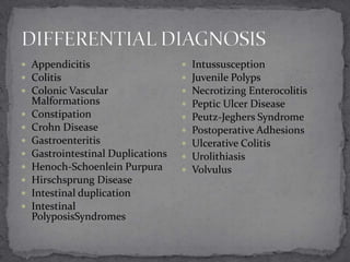  Appendicitis
 Colitis
 Colonic Vascular









Malformations
Constipation
Crohn Disease
Gastroenteritis
Gastrointestinal Duplications
Henoch-Schoenlein Purpura
Hirschsprung Disease
Intestinal duplication
Intestinal
PolyposisSyndromes











Intussusception
Juvenile Polyps
Necrotizing Enterocolitis
Peptic Ulcer Disease
Peutz-Jeghers Syndrome
Postoperative Adhesions
Ulcerative Colitis
Urolithiasis
Volvulus

 