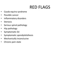 RED FLAGS
• Cauda equina syndrome
• Possible cancer
• Inflammatory disorders
• Stenosis
• Serious spinal pathology
• Hip pathology
• Symptomatic SIJ
• Symptomatic spondylolisthesis
• Mechanically inconclusive
• Chronic pain state
 