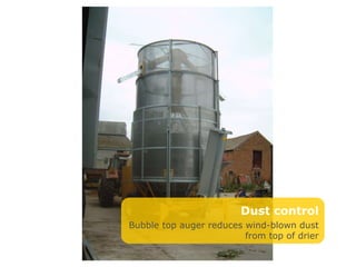 Dust control Bubble top auger reduces wind-blown dust from top of drier 