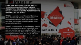 EVERY YEAR, AN ESTIMATED 80,000 MAKERS,
THINKERS AND INNOVATORS GATHER FOR
MOBILE WORLD CONGRESS, TO EXPERIENCE THE
NEWEST TECHNOLOGIES AND MOBILE PRODUCTS
FROM AROUND THE WORLD.
MWC has become the world’s biggest and only truly
global mobile event. This year, 1900 exhibitors
convened in Barcelona to showcase the next wave in
wearables, smartphones, and tablets, as well as the
connected home and car.
But MWC 2015 doesn’t just focus on hardware, the truly
exciting announcements centred around high speed
data access, digital payments, and a host of other
infrastructure elements. All of which have the potential
to change how we live, work, and play, all over again.
 