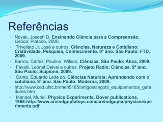 Referências
• Novak, Joseph D. Ensinando Ciência para a Compreensão.
    Lisboa: Plátano, 2000.
•    Trivellato Jr, José e outros. Ciências, Natureza e Cotidiano:
    Criatividade, Pesquisa, Conhecimento. 9º ano. São Paulo: FTD,
    2009.
•   Barros, Carlos; Paulino, Wilson. Ciências. São Paulo: Ática, 2009.
•    Favalli, Leonel Delvai e outros. Projeto Radix: Ciências. 9º ano.
    São Paulo: Scipione, 2009.
•    Canto, Eduardo Leite do. Ciências Naturais: Aprendendo com o
    cotidiano. 9º ano. São Paulo: Moderna, 2009.
•   http://www.ced.ufsc.br/men5185/artigos/angotti_equipamentos_gera
    dores.htm
•    Mandel, Muriel. Physics Experiments. Dover publications,
    1968:http://www.arvindguptatoys.com/arvindgupta/physicsexpe
    riments.pdf
 