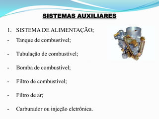 SISTEMAS AUXILIARES
1. SISTEMA DE ALIMENTAÇÃO;
- Tanque de combustível;
- Tubulação de combustível;
- Bomba de combustível;
- Filtro de combustível;
- Filtro de ar;
- Carburador ou injeção eletrônica.
 