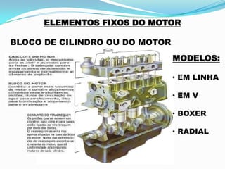 ELEMENTOS FIXOS DO MOTOR
BLOCO DE CILINDRO OU DO MOTOR
MODELOS:
• EM LINHA
• EM V
• BOXER
• RADIAL
 