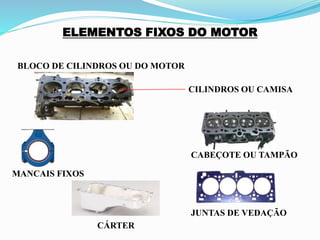 ELEMENTOS FIXOS DO MOTOR
BLOCO DE CILINDROS OU DO MOTOR
CABEÇOTE OU TAMPÃO
MANCAIS FIXOS
CILINDROS OU CAMISA
JUNTAS DE VEDAÇÃO
CÁRTER
 