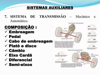 SISTEMAS AUXILIARES
7. SISTEMA DE TRANSMISSÃO – Mecânico e
Automático.
COMPOSIÇÃO :
 Embreagem
 Pedal
 Cabo de embreagem
 Platô e disco
 Câmbio
 Eixo Cardã
 Diferencial
 Semi-eixos
 