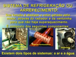 SISTEMA DE REFRIGERAÇÃO OUSISTEMA DE REFRIGERAÇÃO OU
ARREFECIMENTO:ARREFECIMENTO:
Sua função é dissipar o calor gerado peloSua função é dissipar o calor gerado pelo
motor, através do radiador e da ventoinhamotor, através do radiador e da ventoinha
para que não haja superaquecimento.para que não haja superaquecimento.
É composto dos seguintes componentes:É composto dos seguintes componentes:
Ventoinha
Válvula termostáticaRadiador;
Bomba d’água;
Mangueira.
Existem dois tipos de sistemas: a ar e a água
 