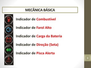 MECÂNICA BÁSICA
Indicador de Combustível
8
Indicador de Farol Alto
Indicador de Carga da Bateria
Indicador de Direção (Seta)
Indicador de Pisca Alerta
 